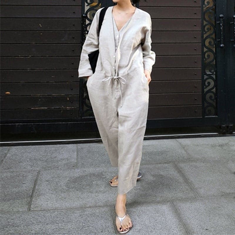 2色 パンツ レディース オールインワン l Vネック シャツ かっこいい 大人カジュアル 無地 アンクル丈 レイヤード ベージュ 黒 ブラック パンツドレス ウエストリボン 紐 長ズボン