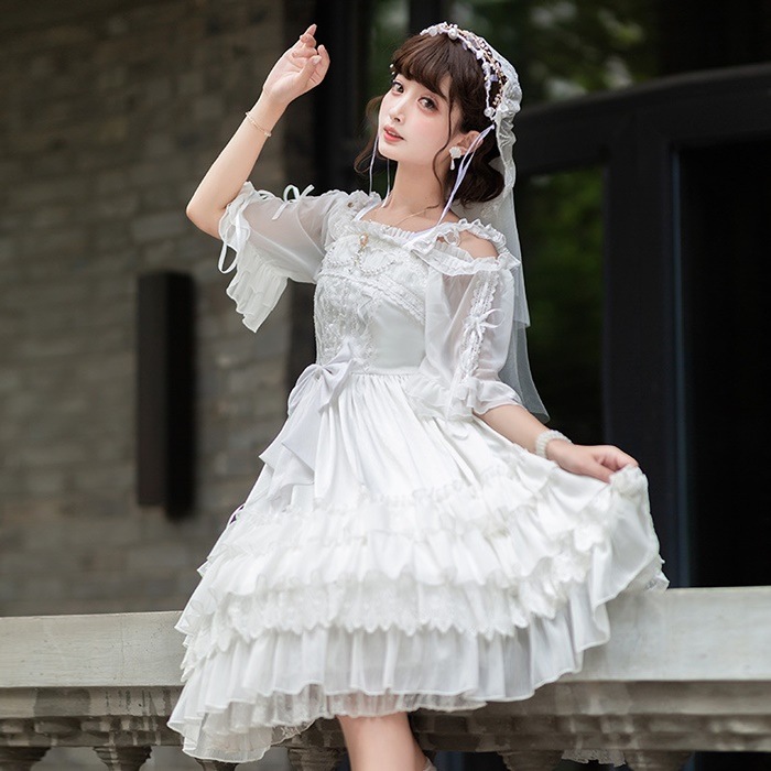 ロリータ ドレス ウェディングドレス ジャンパースカート ワンピース 春夏秋 ゴシック 純白 ホワイト 可愛い 清楚 花嫁 ブライダル レディース レース ヘッドドレス カチューシャ 衣装
