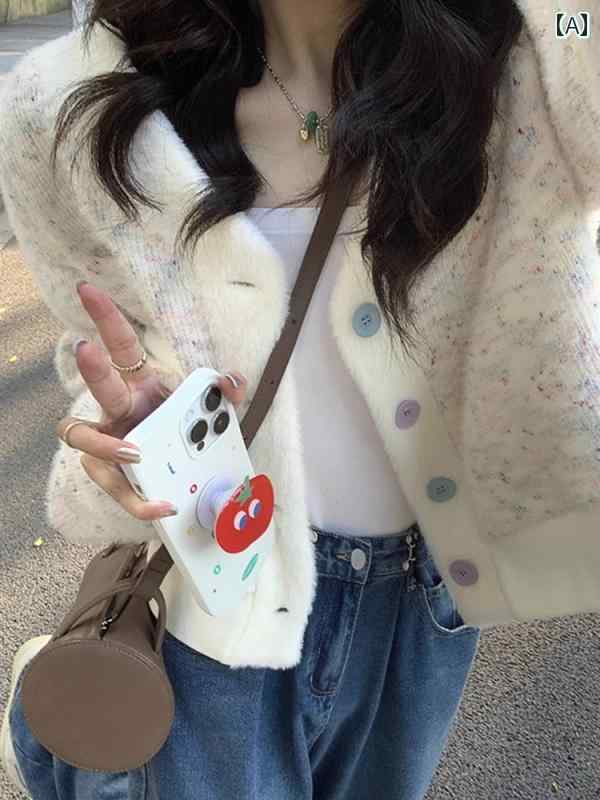 ニット レディース おしゃれ カーディガン カジュアル Vネック ショート セーター トップス 長袖 ベージュ