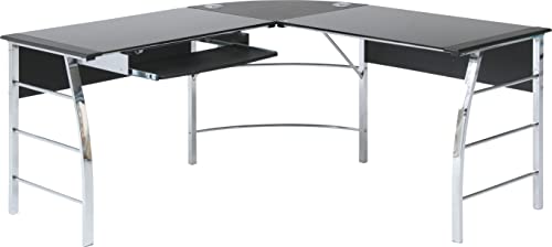 不二貿易 パソコンデスク PCデスク L字型 幅156×奥行156×高さ76cm ブラック 勉強机 強化ガラス キーボードトレイ付 70390 84455