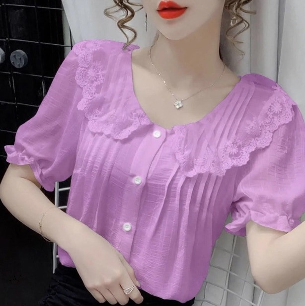モテアイテム 可愛い トップス ブラウス 袖あり 半袖 パフスリーブ 襟付き ボタン レース 刺繍 フリル 薄手 かわいい きれいめ 上品 おしゃれ お洒落 女子 ラブリー キュート