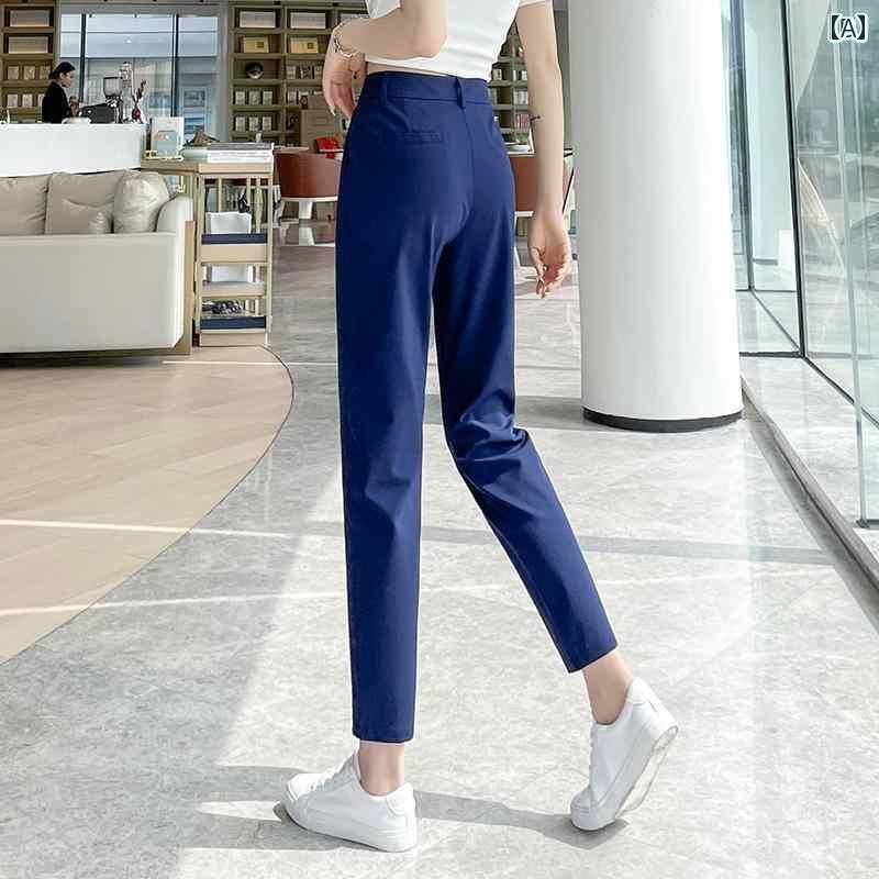 スラックス レディース 夏 薄手 クロップドパンツ ストレート ポケット ハイウエスト スリム しわにりにくい 通気 オフィス シンプル 紺 黒 大きめサイズ 5,535円