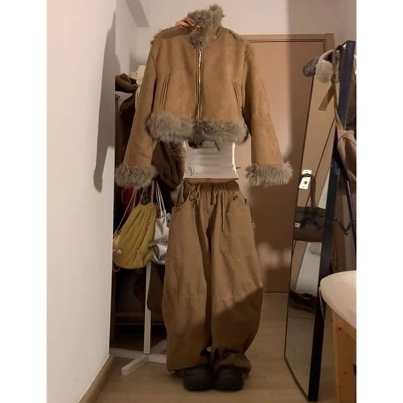 レディース 秋冬 レトロスタイル 厚手 ファー裏地 ショートファージャケット＆ハイウエスト ワイドレッグパンツ ツーピースセット
