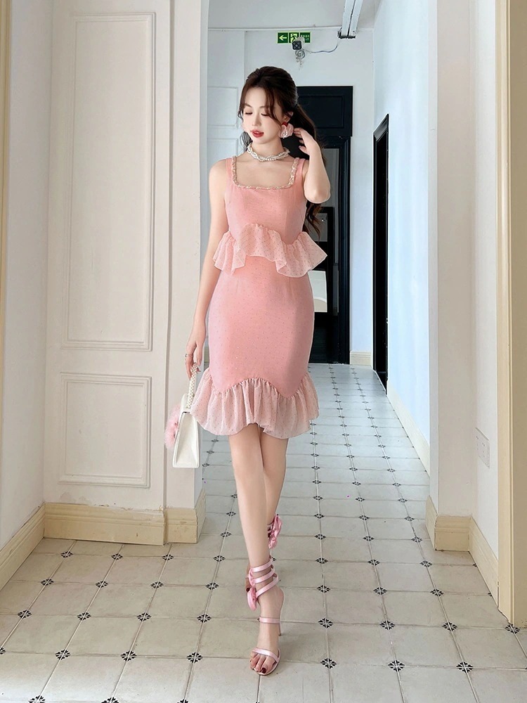 【JY.上品】 2025夏新品 キャミワンピース フリル ピンク ショート ドレス パーティードレス大人 同窓会 披露宴 卒業式 結婚式 演奏会 ウェディング 二次会 メガ割