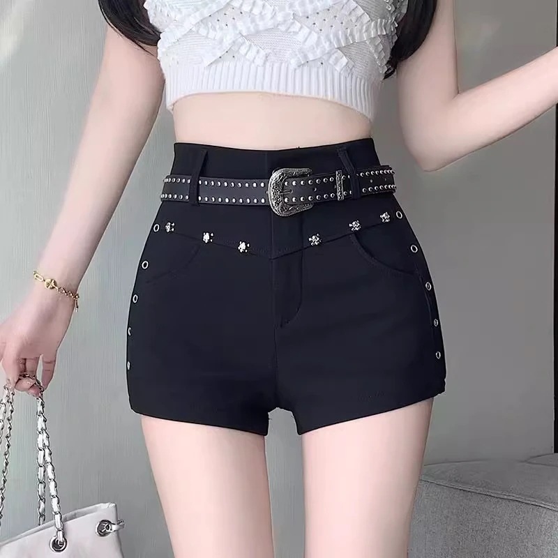 レディース ブラック 万能ショートパンツ春/夏スタイルラインストーン付きストレート レッグタイトフィット ボディコン パンツハイウエストホット パンツブーツカット パンツ