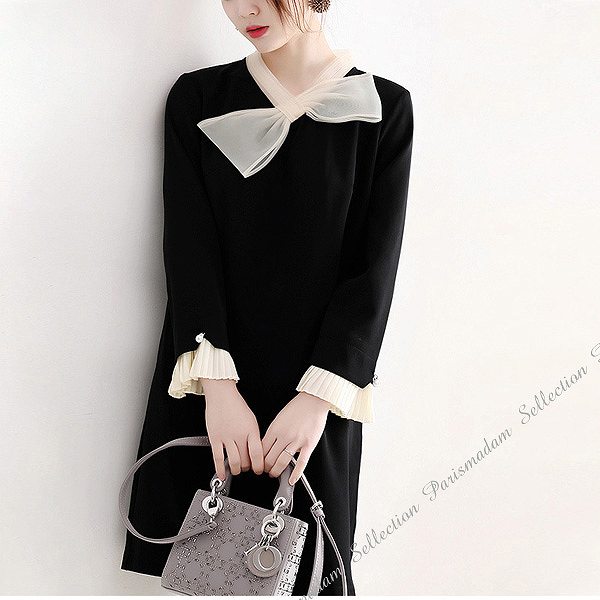 売切必至イベントワンピース　お嬢様ワンピースブラック　オーガンジー　長袖　ストレートワンピース　ひざ丈　結婚式お呼ばれ　ほっそり効果大 20代30代40代50代