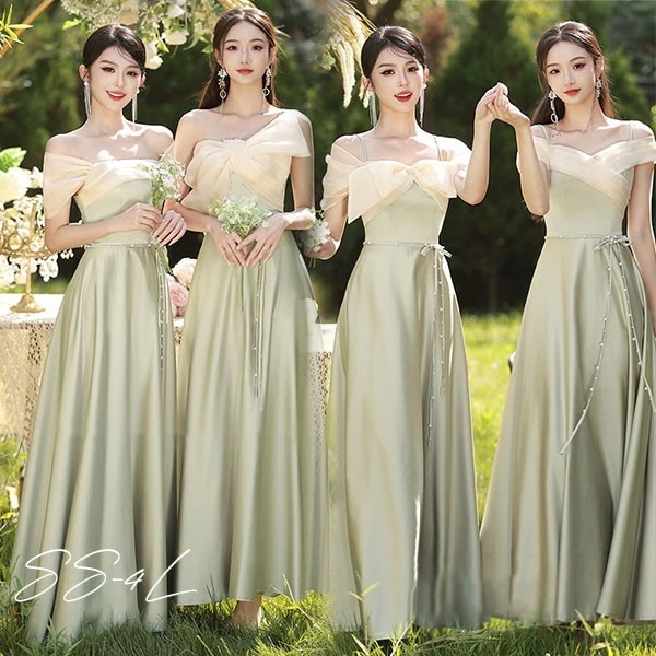 ブライズメイド ドレス ロング丈 グリーン サテンドレス 袖付き 二次会 大きいサイズ 結婚式 体型カバー 半袖 フリル オフショルダー 謝恩会 二次会 卒業式 花嫁 ピアノ 発表会 ドレス 演奏会