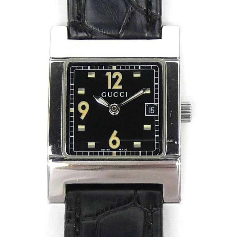 グッチ GUCCI レディースウォッチ 腕時計 クオーツ 黒革ベルト 7700L 黒盤 ステンレススチール 【中古】(68175)