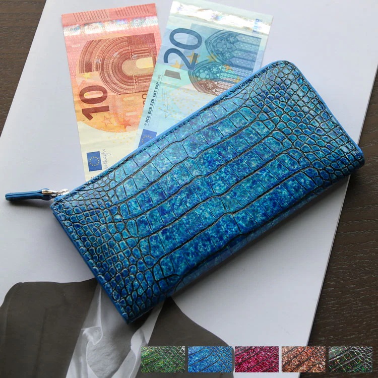 クロコダイル 長財布 レディース L字ファスナー 財布 本革 鰐革 ワニ革 手染め加工 フランスクロコダイル 手染め お洒落 オシャレ 婦人財布 高級感 艶 美しい 母 女性 母の日 ギフト プレゼン