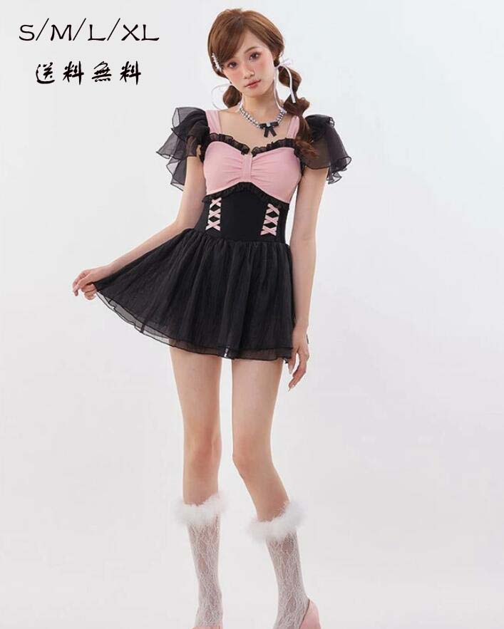 新品追加 ワンピース水着 レディース ロリータ風 かわいい フリル リボン 水着 肩出し 着瘦せ 撮影 温泉 プール ビーチ ピンク ブラック S M L XL