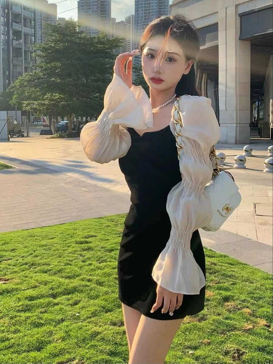 ワンピース ドレス レディース フレアスリーブ 長袖 ベロア ミニ ロング ミモレ パフスリーブ スリム きれいめ 大人可愛い おしゃれ パーティー マーメイド 上品 フォーマル 黒 S M L XL