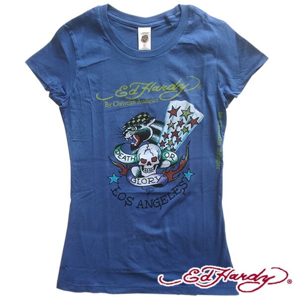 エドハーディーセール200種類の品揃え エドハーディー レディース チュニック Tシャツ　半袖　Ed Hardy LOS ANGELES ロサンゼルス ブルー ワンピース エドハーディー 正規品 LAセレ