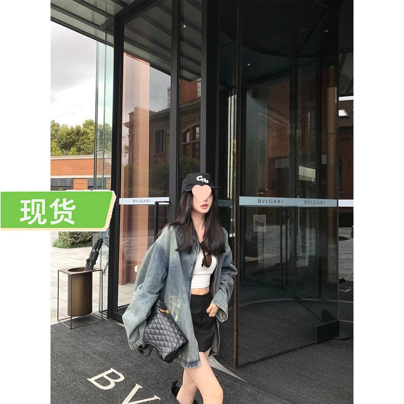 欧陽古いほつれデニムジャケット女性新作カジュアルルーズアメリカンレトロジャケットトップ