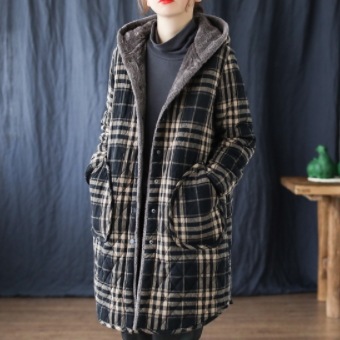 キルティングフードジャケット アウター コート ミディアム丈 長袖 フード ワイド ポケット 前開き
