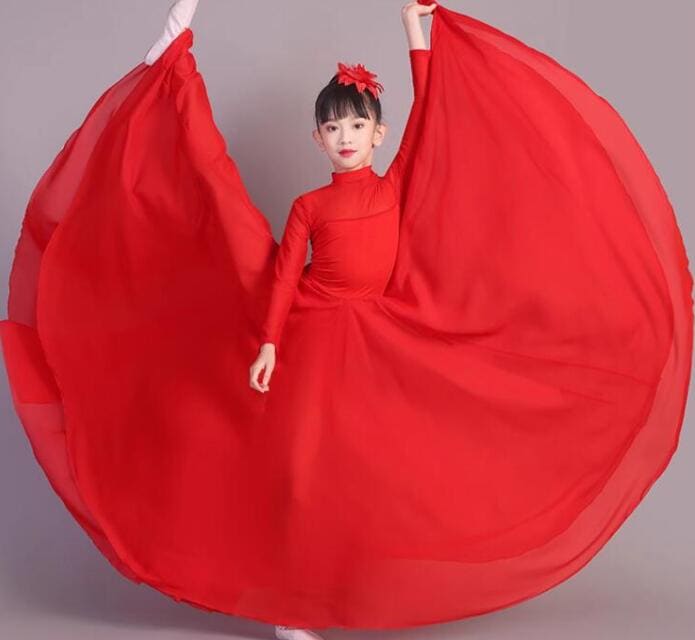 新入庫 子供 ダンス ワンピース 社交ダンス ドレス 長袖 ハイネック ロング丈 ワンピース 大きい裾 広がる シフォン スカート 赤 白 女の子 古典舞踊 古典ダンス 民族ダンス 衣装 クラシカル