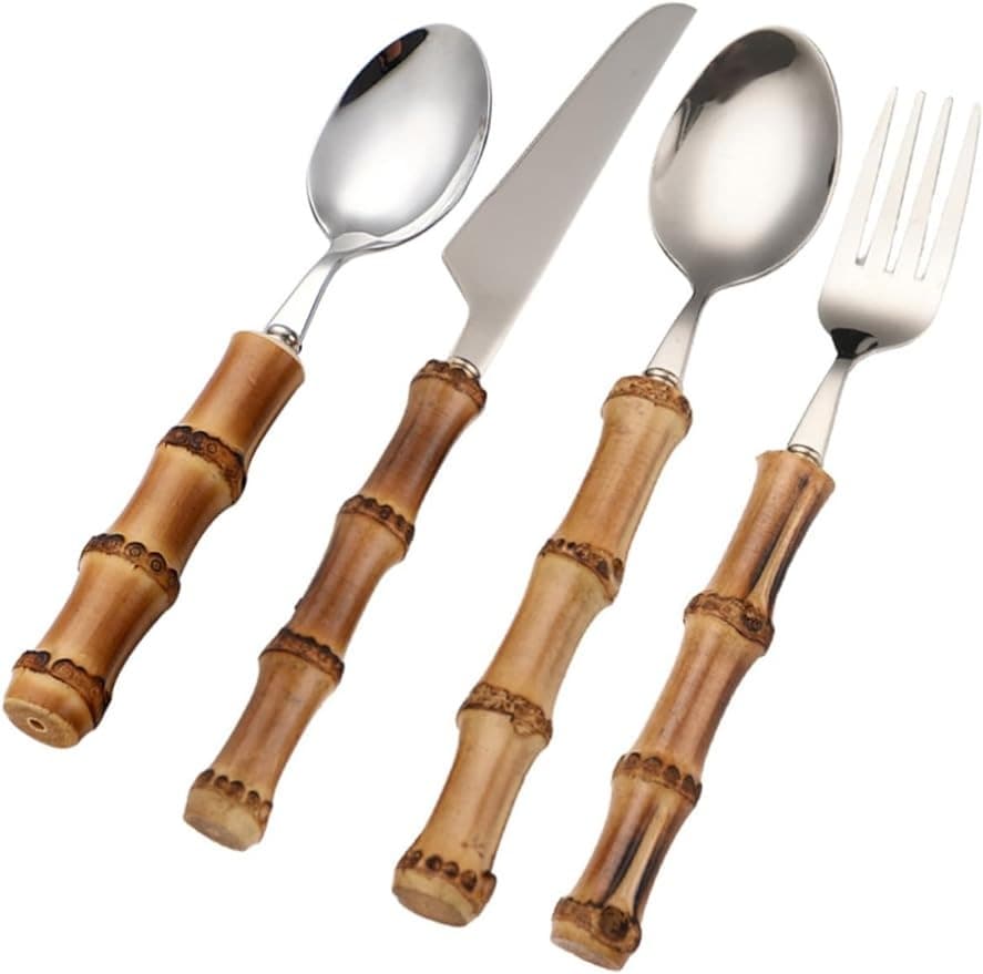 1 セット 竹製ハンドル付きカトラリーディナーフォーク デザートスプーン ステンレスフォーク 木製 竹食器 銀器