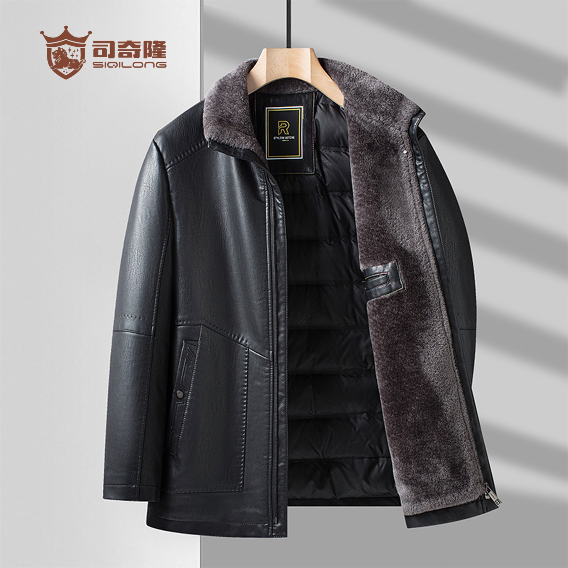 秋冬 防寒 レザージャケット メンズ 大きいサイズ 韓国ファッション アウター 通勤 かっこいい 30代40代50代60代男性皮衣冬にベルベットを厚くした白鸭毛襟の父親服中年ジャケットメンズコート