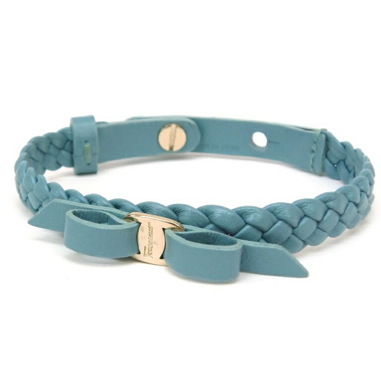 ﾌｪﾗｶﾞﾓ Ferragamo ﾌﾞﾚｽﾚｯﾄ ｳﾞｧﾗﾘﾎﾞﾝ 編込み ﾚｻﾞｰ ﾌﾞﾙｰ 15.517.5cm 【中古】(62623)