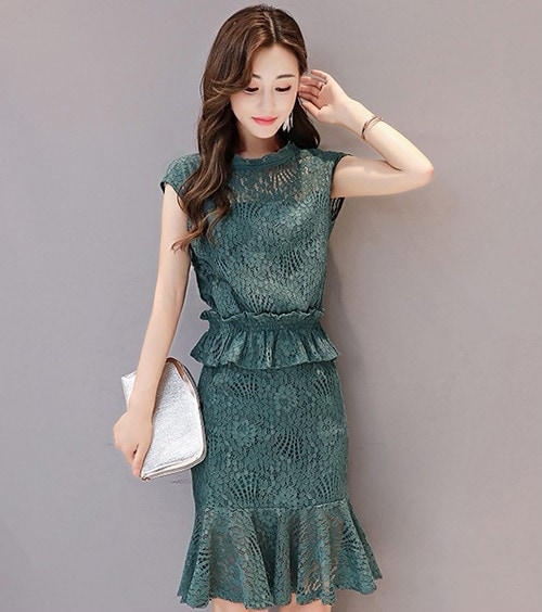 A1081.ペプラムシースルーレースフレアワンピース（グリーン）2019 春夏 sale 春夏 sale ドレス 半袖 フリル エレガント お呼ばれ 結婚式 披露宴 パーティー 女子会 レストラン デ 100,000円