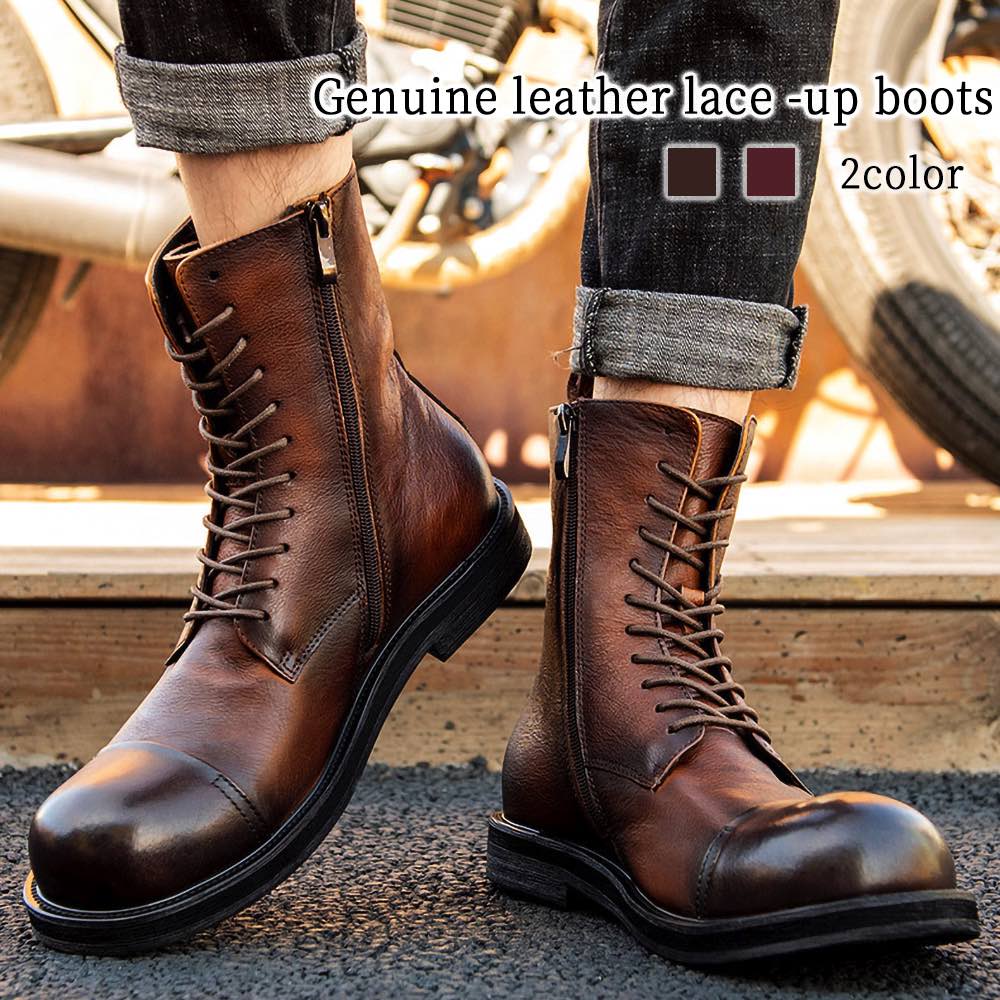 ブーツ メンズ 本革レースアップブーツ 完全 スエード フロント 滑らない サイドジップ 軽い 防水 春 靴 本革 あったか シューズ 秋 ジッパー 人気 冬 ワーク 暖かい 夏 大人 防寒 ブーツブ