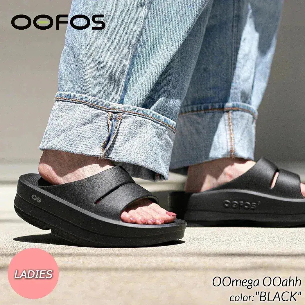 OOFOS OOmega OOahh "BLACK" ウーフォス ウーメガ ウーアー サンダル SANDAL スライド ( SLIDE 黒 リカバリーサンダル 厚底 ビーチサンダル メンズ レディース