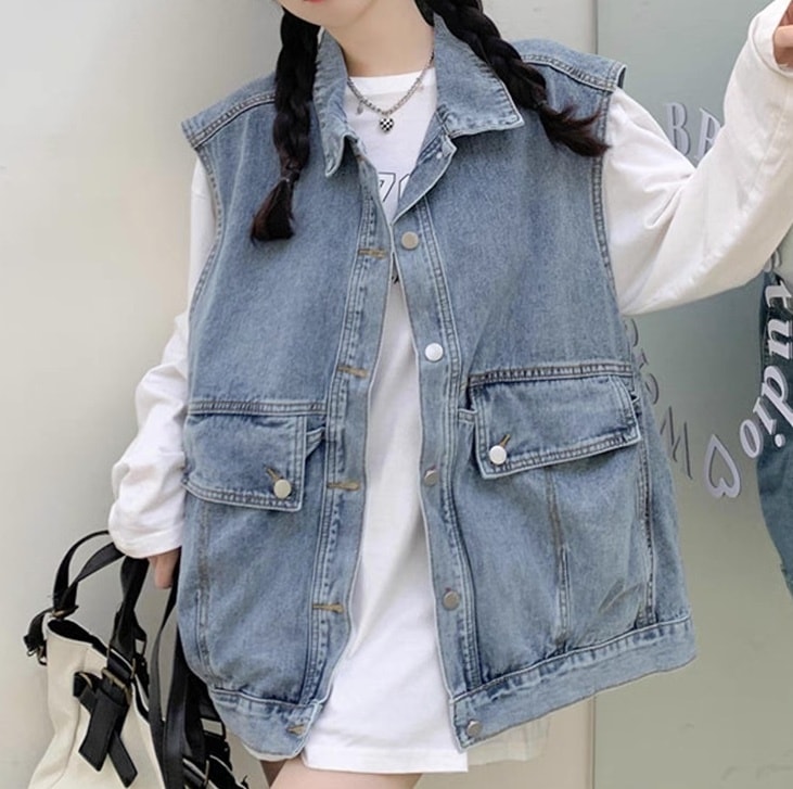 レディース ジャケット ベスト アウター 袖なし ノースリーブ オーバーサイズ ストリート ポケット 前開き ヴィンテージ アメカジ ウォッシュ デニム ブルーデニム かわいい 大人可愛い シンプル