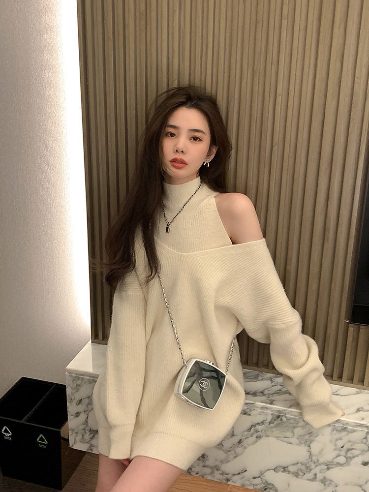 ブラウス小香風肩出しミディアムックセーター2点セット韓系モチモチけだるい風ニットトップスラウンドネックニットあったかカシミヤタッチロンT ベーシックニット