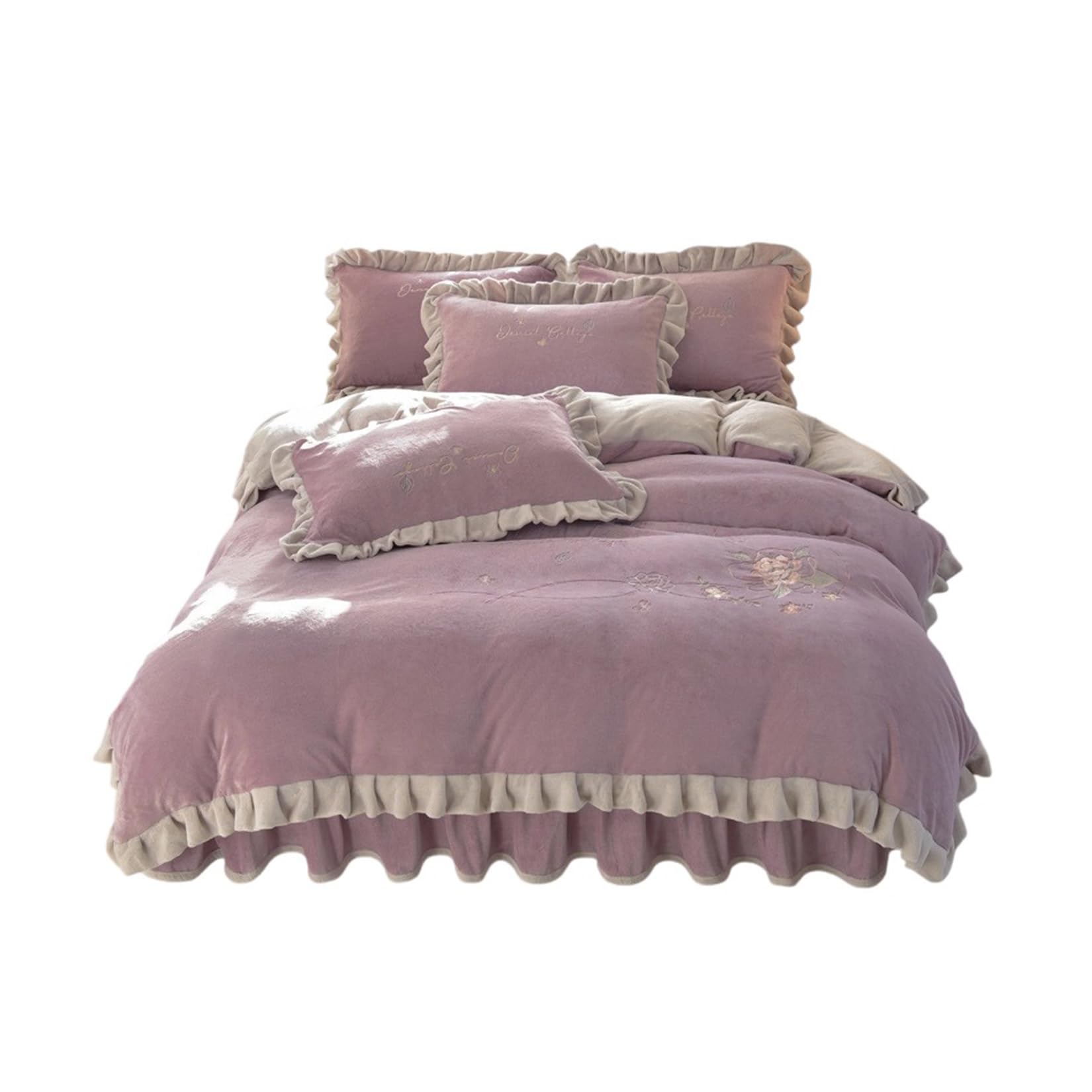秋冬寝具セット プリンセス風 フランネル 布団カバー フリル 刺繍花柄 おしゃれ 可愛い とろける 柔らか肌触り あったか 保温 ふわふわ 高密度 厚手 静電気防止 洗える