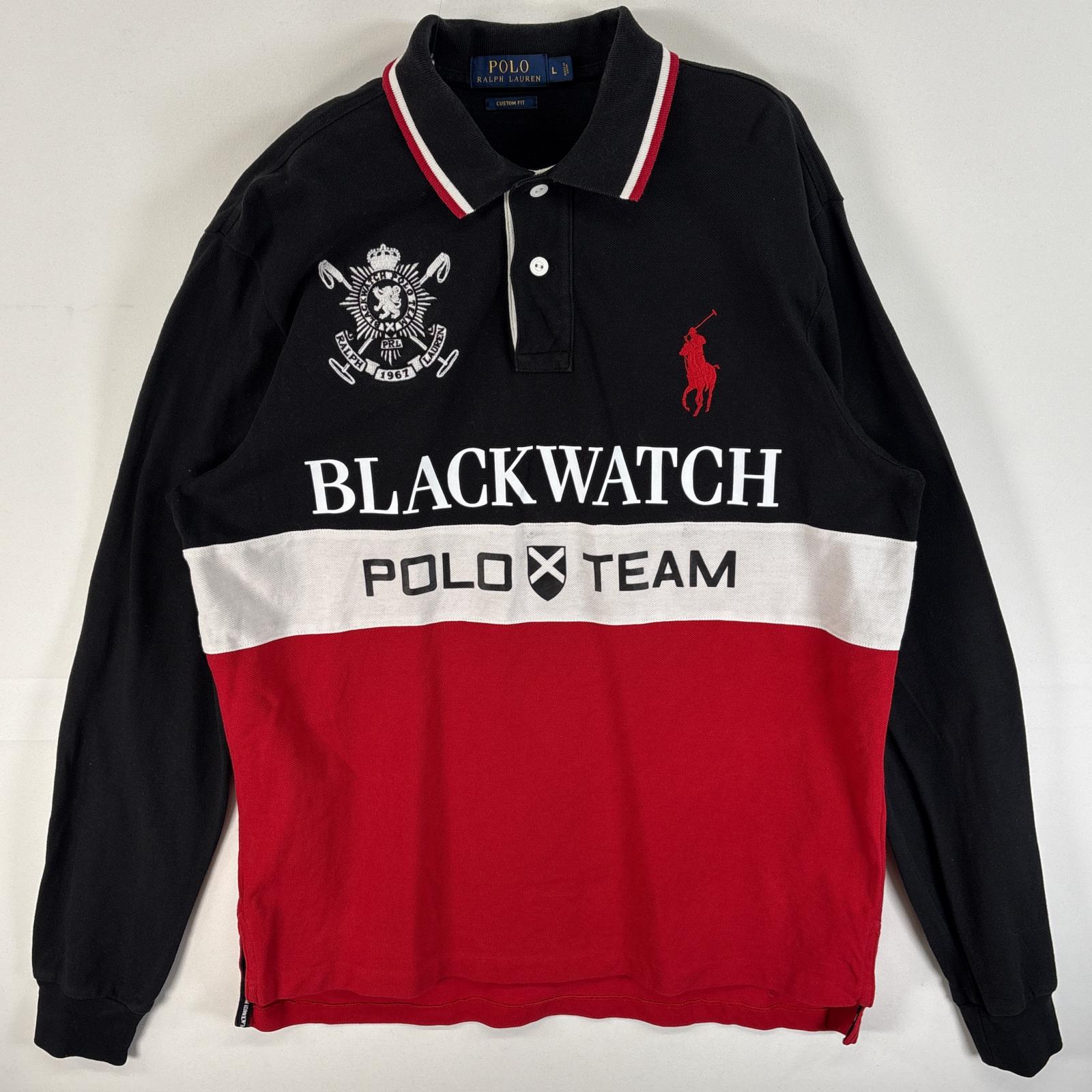 古着 長袖 ラガーシャツ ビックポニー ロゴ 刺繍 BLACK WATCH POLO TEAM L ブラック系 マルチカラー メンズ