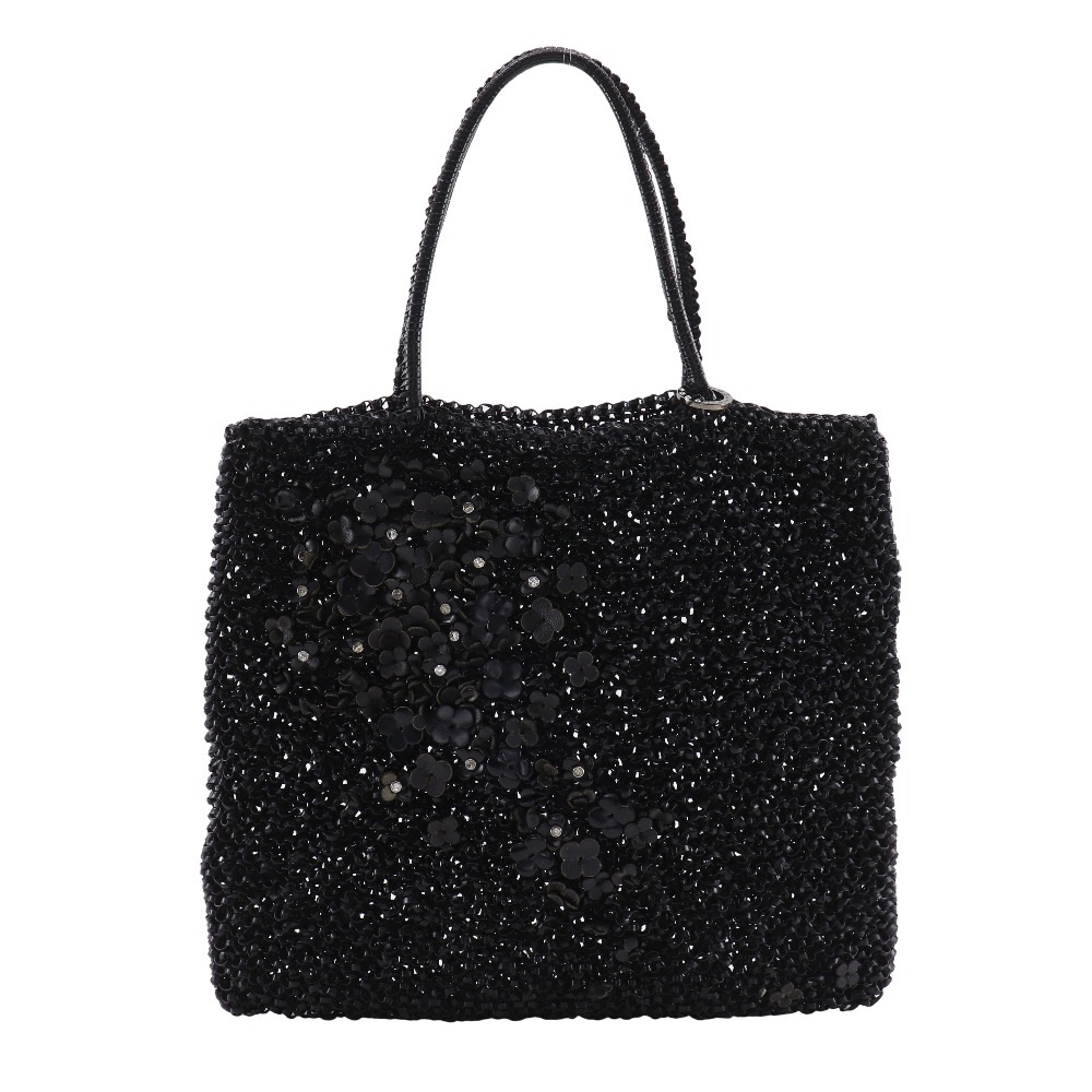 ワイヤーバッグ フラワーモチーフ ハンドバッグ ワイヤーコード 黒 レディース 中古品