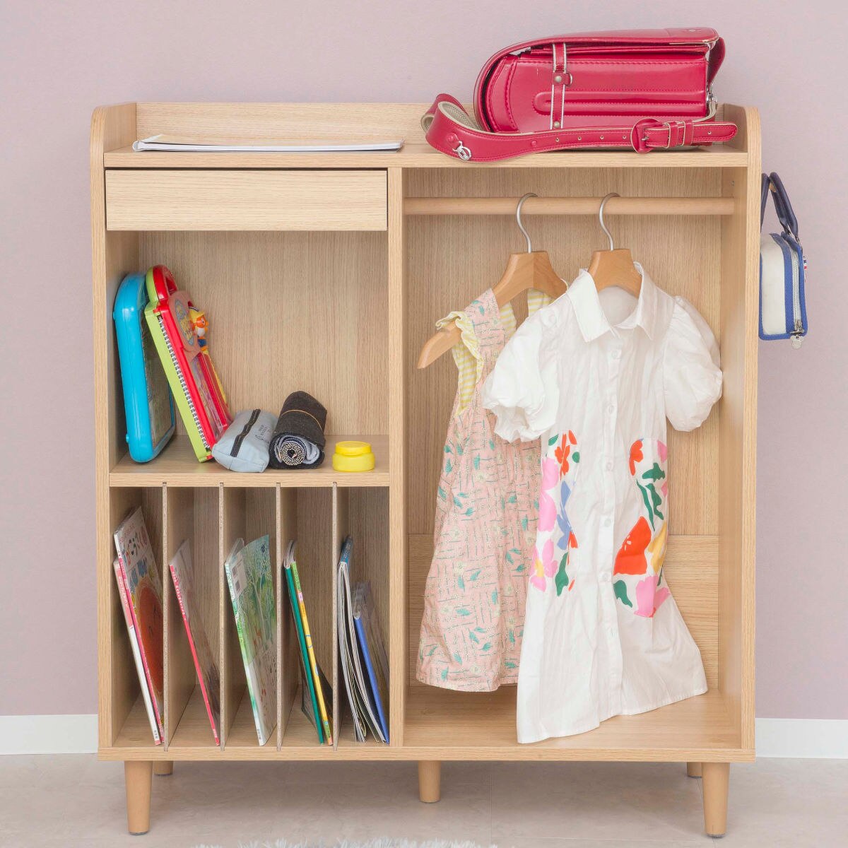 ランドセルラック 幅90cm 引き出し 収納 木目調 収納棚 キッズ リビングラック 本棚 ランドセル ハンガーラック 子ども おもちゃ 絵本 教科書 お片付け おしゃれ