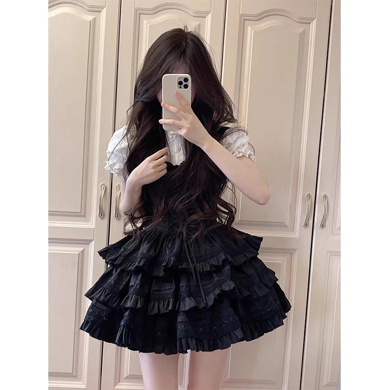 スウィートレースバブルスリーブシャツウエストスリムブラックパフショートワンピースセット