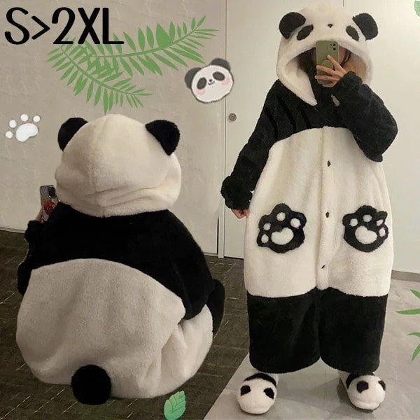 パンダ ウェア もこもこ パジャマ 長袖 ナイトガウン 着る毛布 大きいサイズ 前開き フード付き 寝巻き 部屋着 暖かい あったか 着ぐるみ モコモコ 大人用 ふわふわ 動物 レディース15522