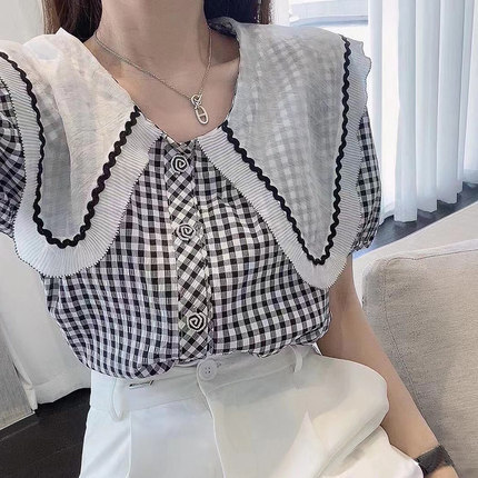 ギンガムチェックブラウス トップス シャツ ブラウス 袖あり 半袖 パフスリーブ 襟付き レース 前開き かわいい 大人可愛い きれいめ シンプル カジュアル 大人 上品 おしゃれ お洒落 かっこいい