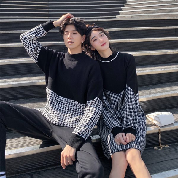 トップスニット黒 カップル ワンピース 白 あったかい 体型カバー トップス ニット ホワイト 千鳥格子 長袖 長袖 S レディース メンズ ブラック 韓国 お揃い ニット ペアルック 記念日 ゆった
