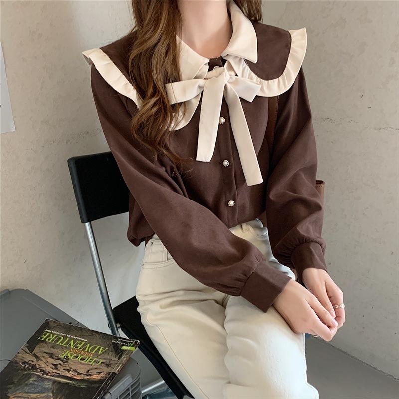 【福袋セール】 早春の韓国版ドールカラーオールマッチシャツコントラストカラーの蝶ネクタイデザインの厚みのあるベース シャツ・ブラウス
