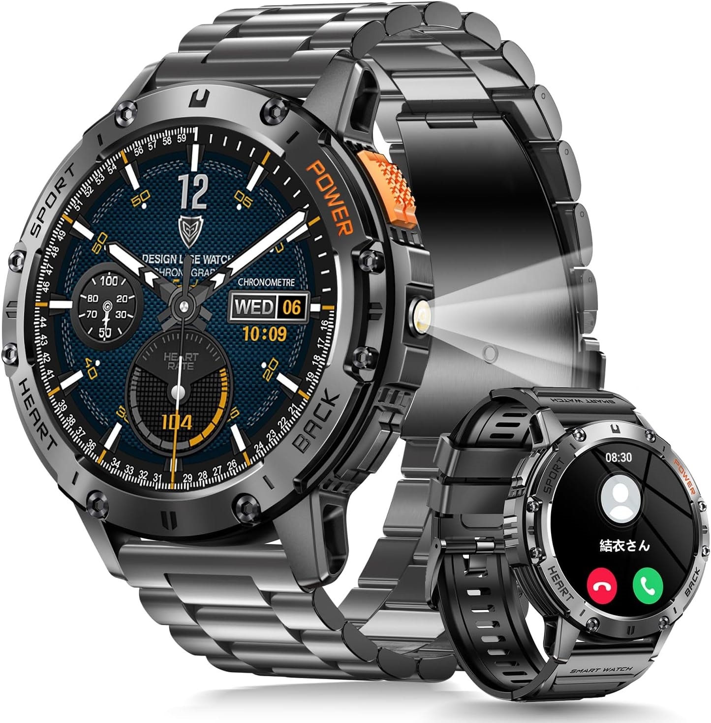 スマートウォッチ 軍用規格 スマートウォッチ 1.43インチAMOLED大画面 究極進化 懐中電灯 2種ベルト付き 常時表示 スポーツウォッチ 時間設定 耐衝撃 センサー 睡眠検測 高精度心拍