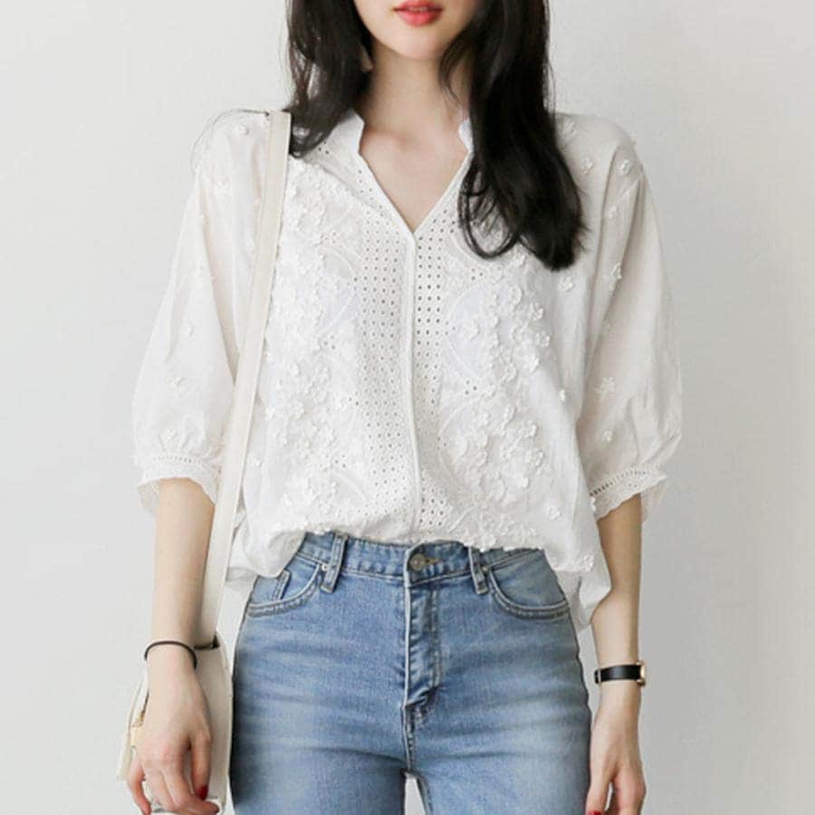 ブラウス レディース トップス 7分袖 春秋 おしゃれ かわいい シンプル 無地 白 ゆったり 薄手 透け感 花柄