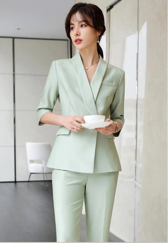 洗えるスーツ「2点セット」レディース 着痩せ OL 通勤 フォーマル 卒業式 結婚式 二次会 女性 20代30代40代 成人式 7分袖コート+長パンツ S/M/L/XL/2XL/3XL パンツスーツ