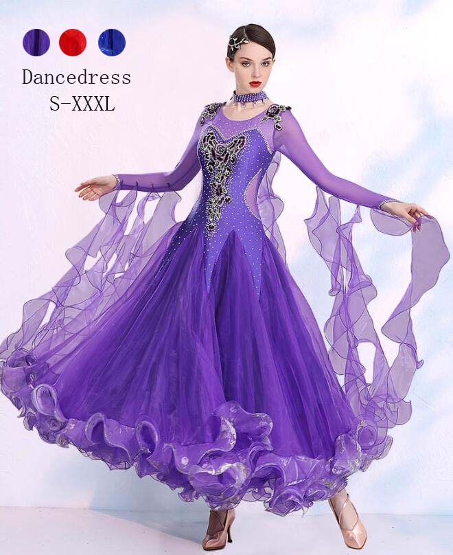 レディースラテンダンス衣装　舞台ダンスウェア 大きい裾 ダンススカート 広がる 花柄 中指にかける 高品質 技着 練習着 演出用 技デモ タンゴ ワルツ 舞台演出ロングドレス 合唱団 舞台 発表会 イ