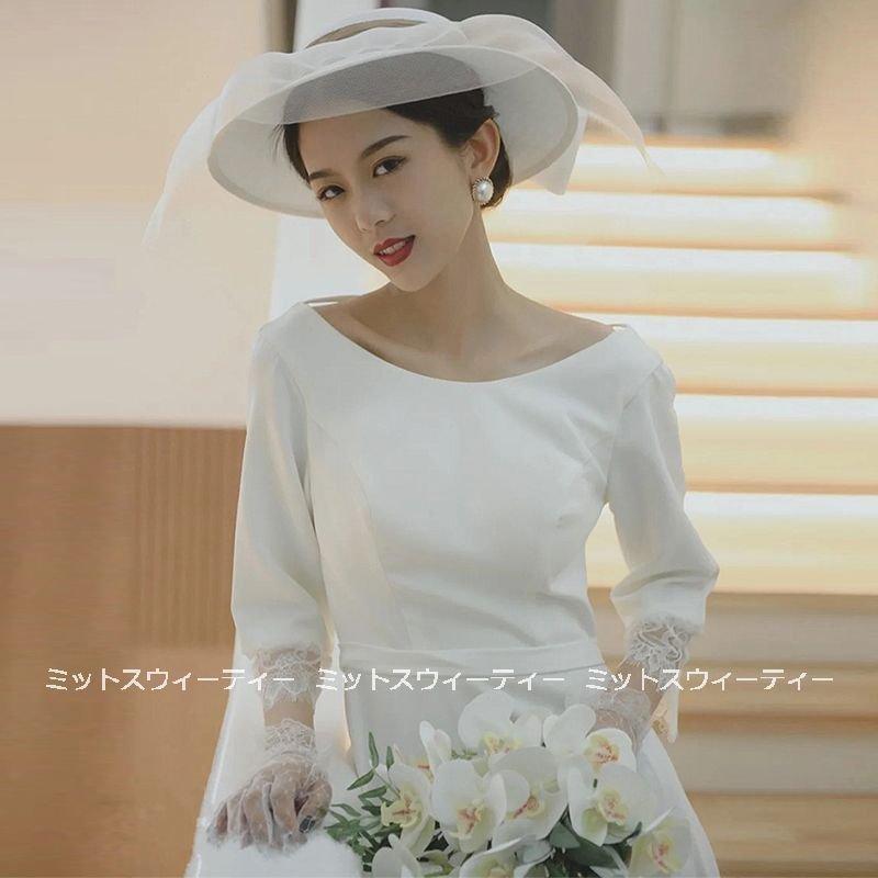韓国ファッションウェディングドレス 花嫁 袖あり 結婚式 ロングドレス 二次会 前撮り 披露宴 パーティードレス 春秋 ウエディングドレス ブライダル 安い バックレス aライン