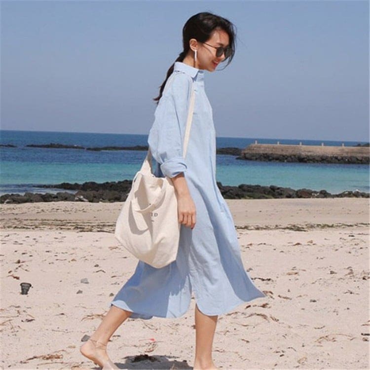 怠惰な風綿麻ワンピース韓版新作セミロング ノースリーブ 長袖 シャツワンピース おしゃれ流行りキャミワンピース