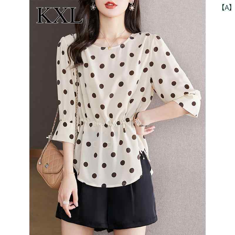 トップス レディース おしゃれ 上品 通勤 オフィス カジュアル 七分袖 シフォンブラウス ポルカドット 夏 ウエスト レースアップ ウエスタンシャツ シック ユニーク ショート シャツ