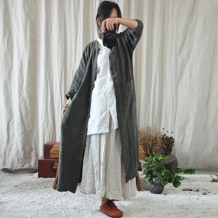 3色 トップス シャツ カーディガン ワンピース アウター レディース 春 秋 カジュアル ゆったり 長袖 ロング丈 マキシ丈 アンクル丈 スタンドカラー 前開き ユニセックス 白 ホワイト グレー