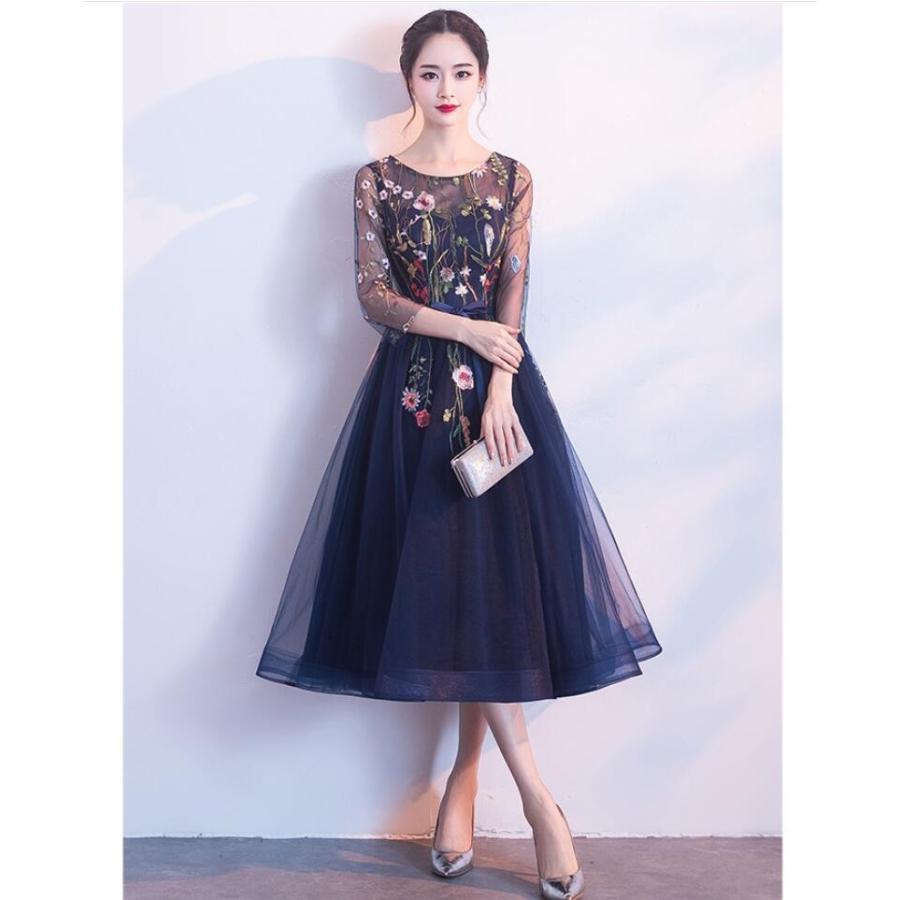 袖あり 刺繍 ミモレドレス パーティードレス 10代 20代 30代40代 Aラインワンピース ウエディングドレス お呼ばれ 二次会 披露宴 謝恩会 成人式-706