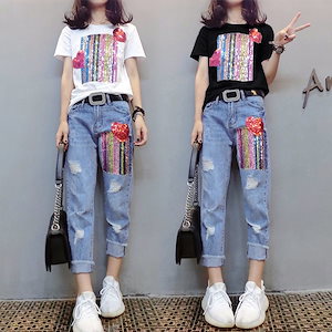 【4TYPE】JA360韓国上下セットアップ夏半袖Tシャツにデニムワイドパンツレディースセット