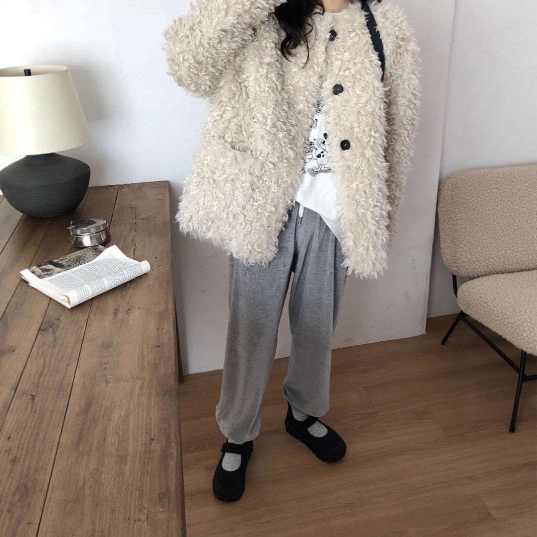 冬 ウェーブファークルーネック シングルボタン中綿保温アウター レディース フェイクファー