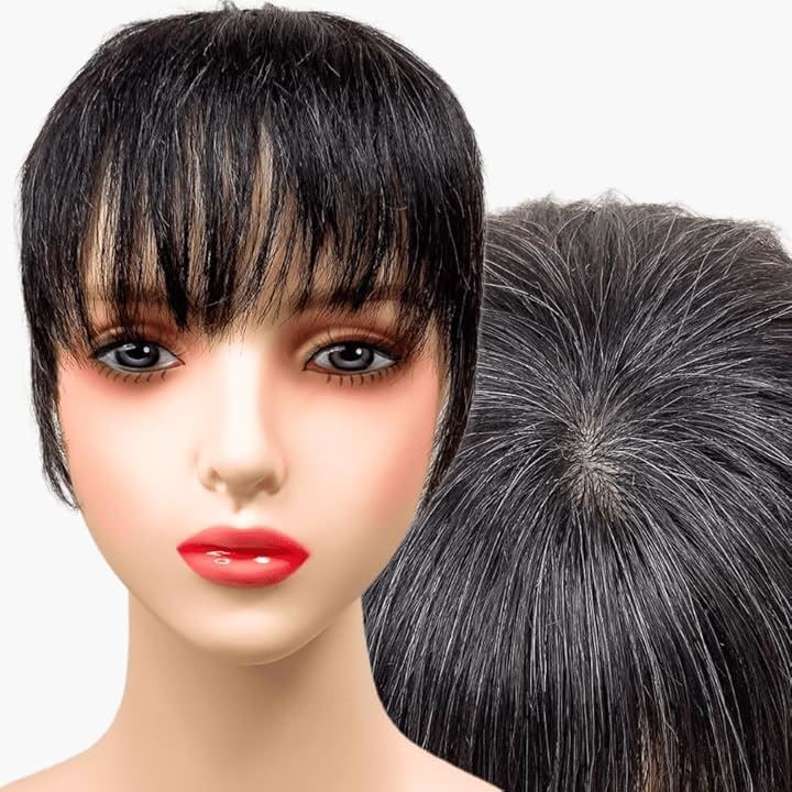 部分ウィッグ かつら ヘアピース ポイントウィッグ 白髪 グレイヘアー 女性 レディース 人毛mix ショート 前髪 ストレート O型つむじ(白2黒8人毛mix, グレイヘアーアップ)
