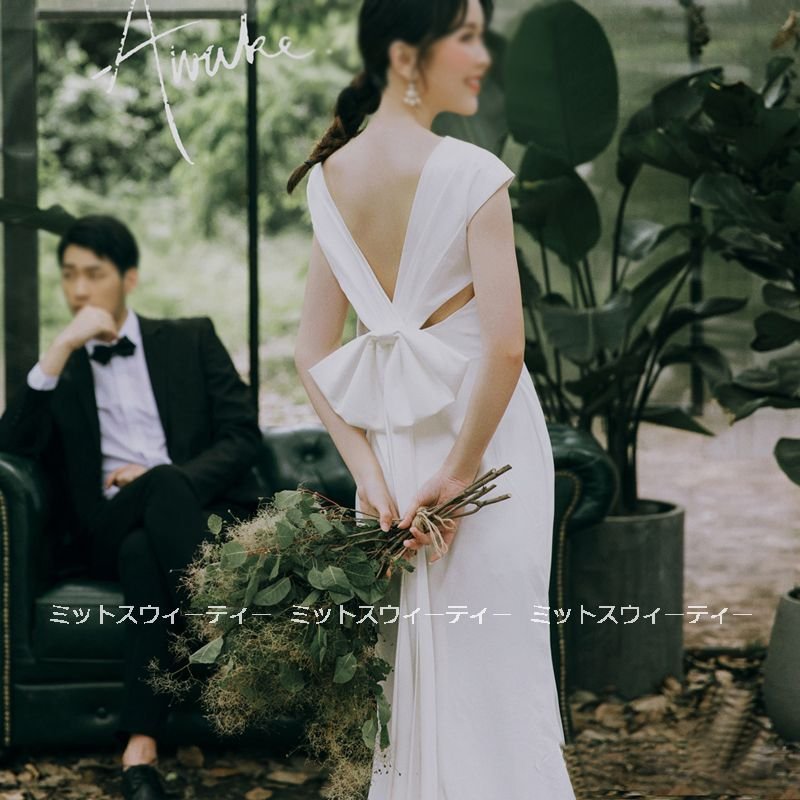 ウエディングドレス 二次会 花嫁 前撮り ウェディングドレス バックリボン ロングドレス 結婚式 大人可愛い エレガント シンプル リゾートドレス ワンピース