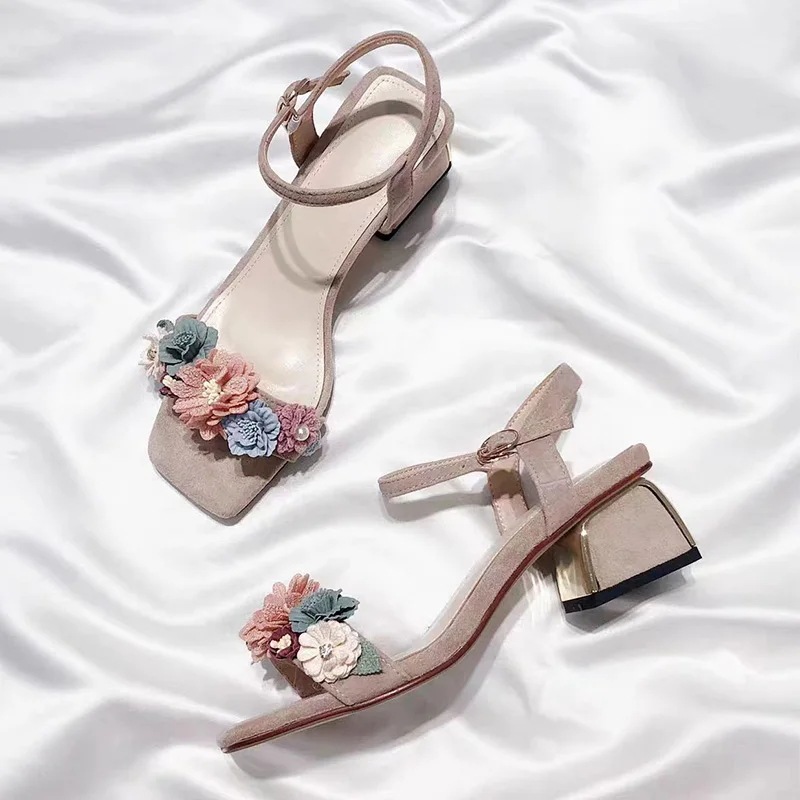 納期3週間程：女性用スクエアトゥの本革サンダル,アンクルストラップ,ハイヒール,花柄,ファッショナブル,夏